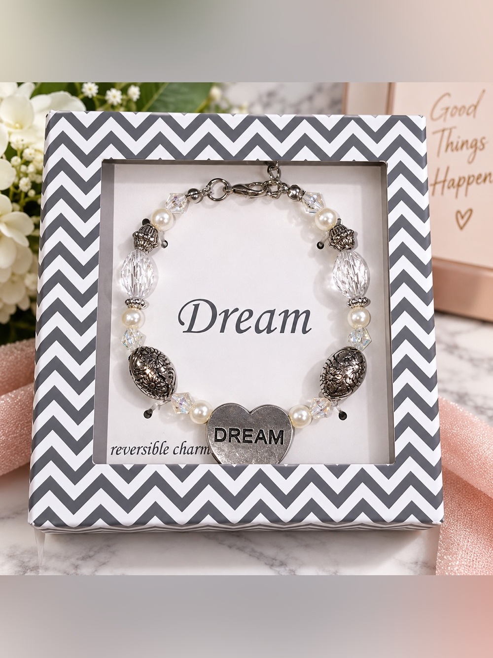 Dream Reversible Charm Bracelet Silver Tone Pearl Crystal Beaded NIP